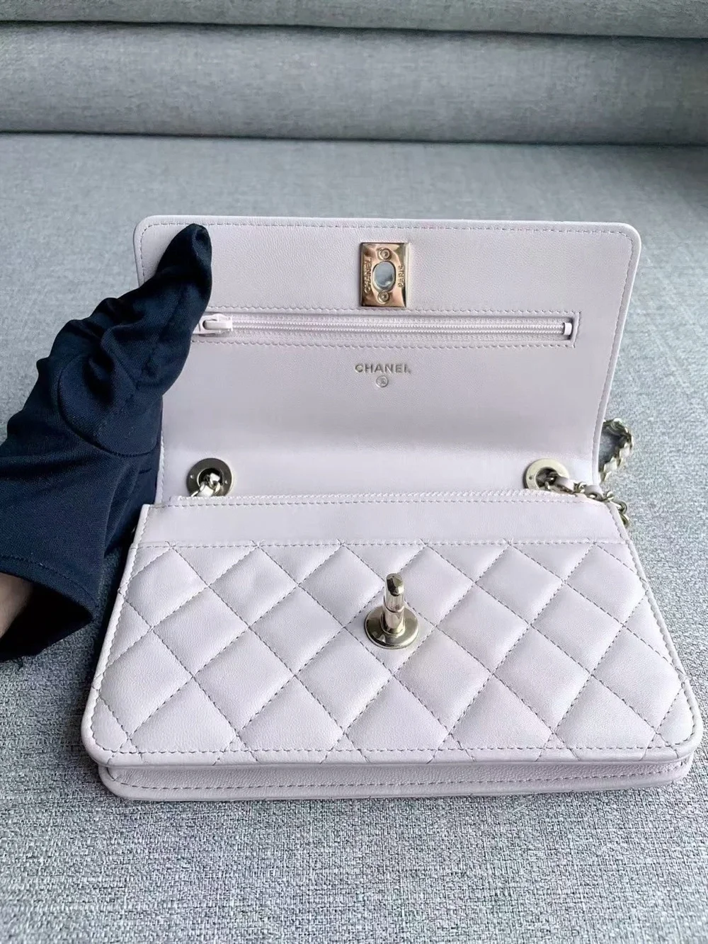 CHANEL Quilted Leather Wallet-On-Chain in Light Lavender